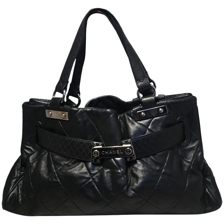 Chanel Quilted Black Leather Latch Front Tote Bag