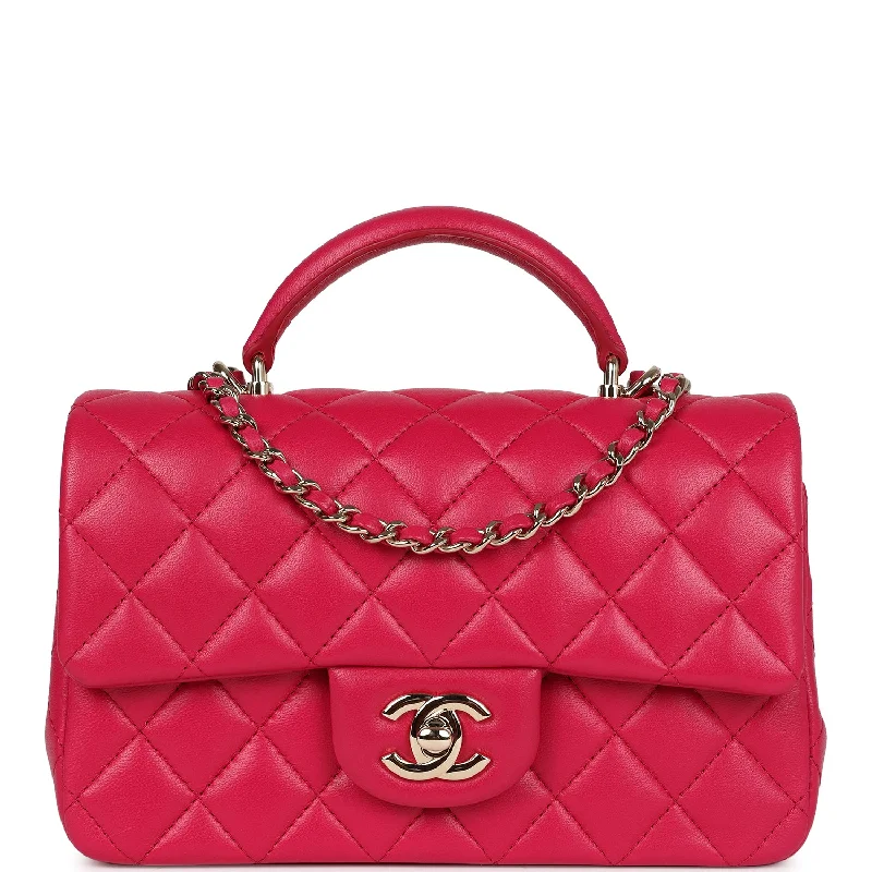 Pre-owned Chanel Mini Top Handle Rectangular Flap Bag Fuchsia Lambskin Light Gold Hardware