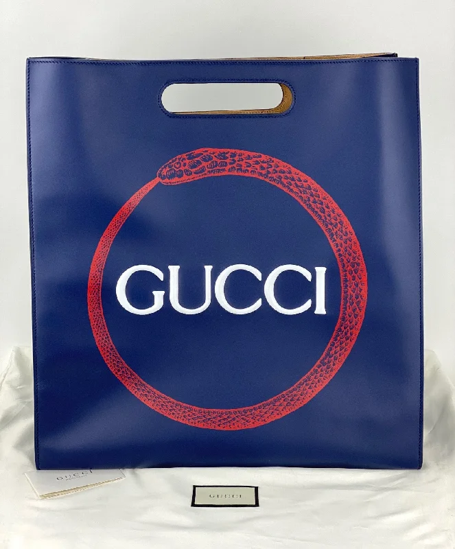 Gucci XL Printed Blue Leather Tote Shopping Bag Red Snake Authentic Preowned