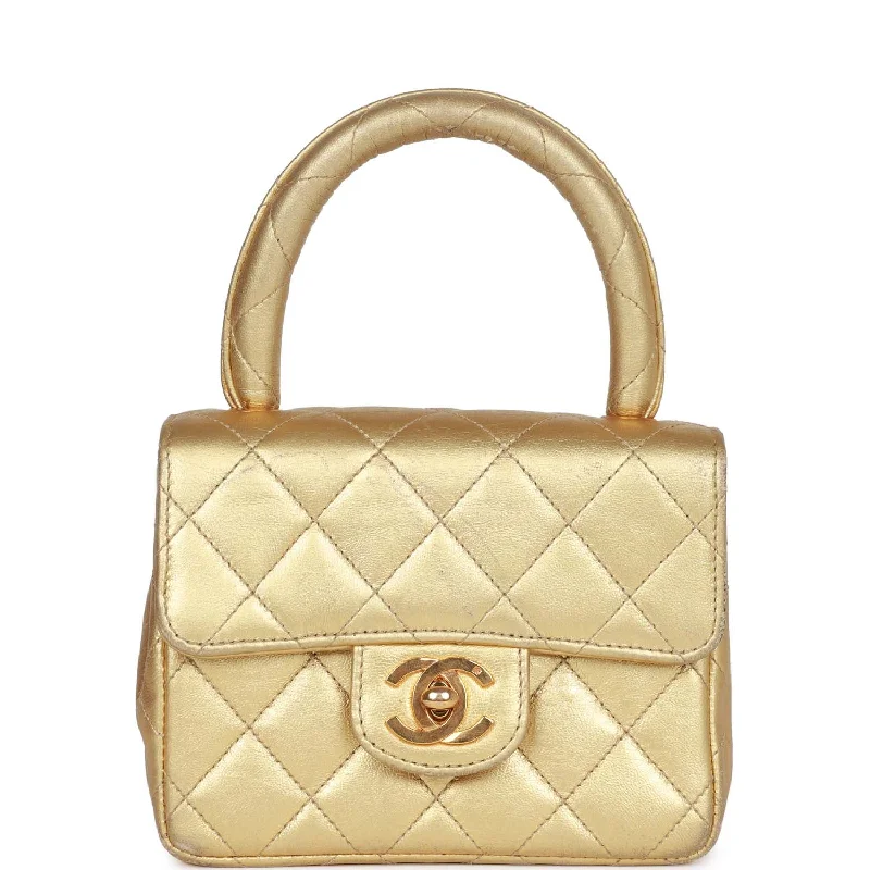 Vintage Chanel Mini Top Handle Kelly Child Flap Bag Gold Metallic Lambskin Gold Hardware