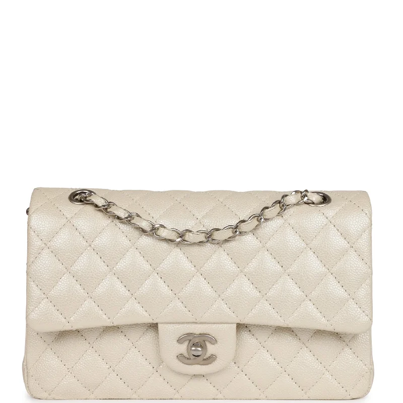 Pre-owned Chanel Medium Classic Double Flap Pearlescent Ivory Caviar Brushed Silver Hardware