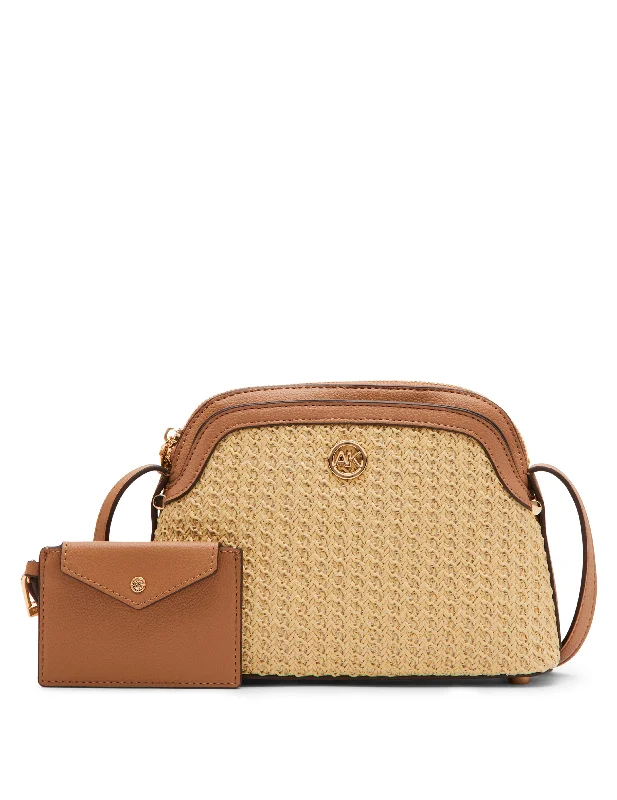 Texturized Straw Dome Crossbody With Card Case