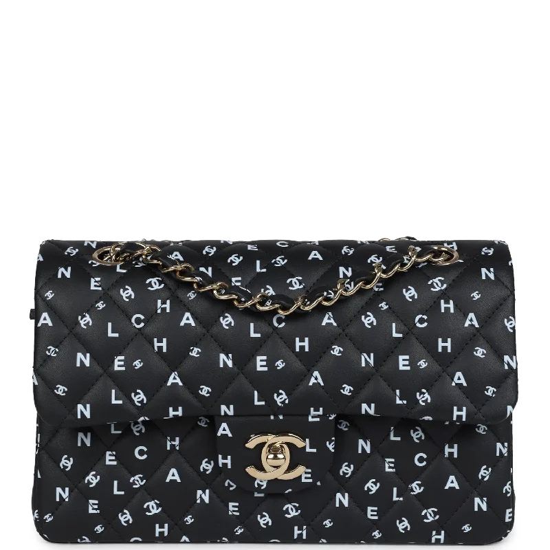 Chanel Small Classic Double Logo Printed Flap Bag Black and White Calfskin Gold Hardware