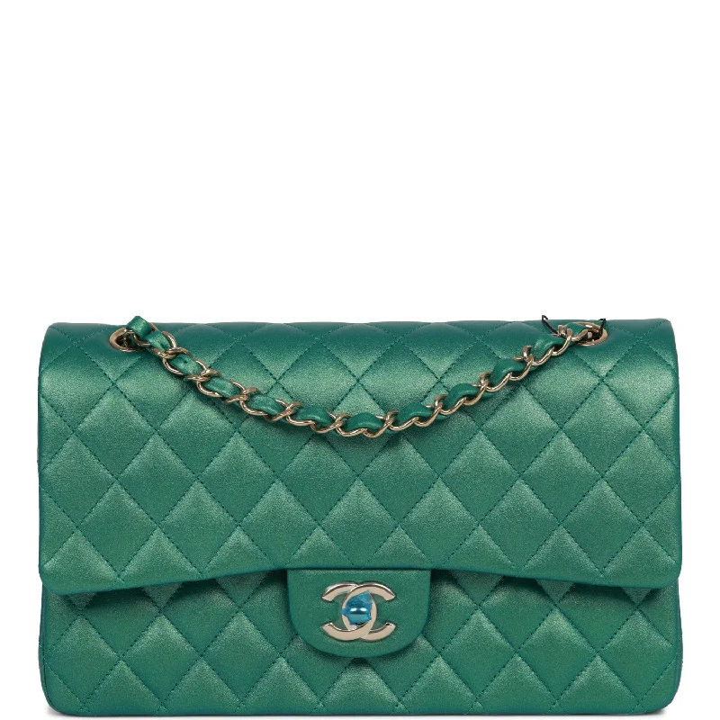 Chanel Medium Classic Double Flap Bag Green Iridescent Lambskin Light Gold Hardware