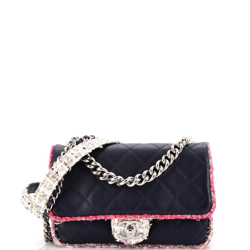 Elegant Trim Single Flap Bag Quilted Lambskin with Tweed