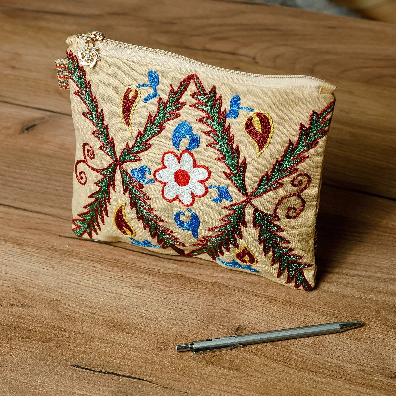 Uzbek Hand-Embroidered Cotton Floral and Leaf Toiletry Case - Precious Garden