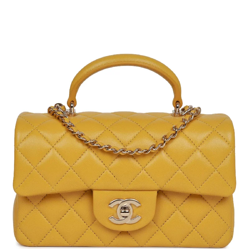 Chanel Mini Rectangular Flap with Top Handle Yellow Lambskin Light Gold Hardware