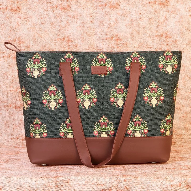 Royal Green Mogra Print Shoulder Tote Bag