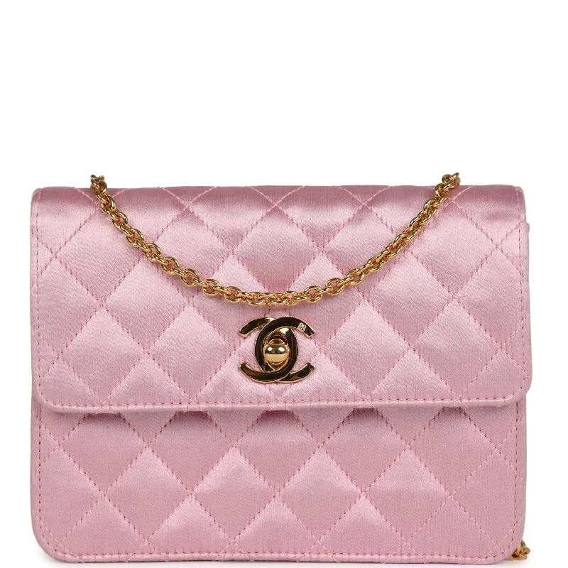 Vintage Chanel Mini Straight Flap Bag Pink Satin Gold Hardware