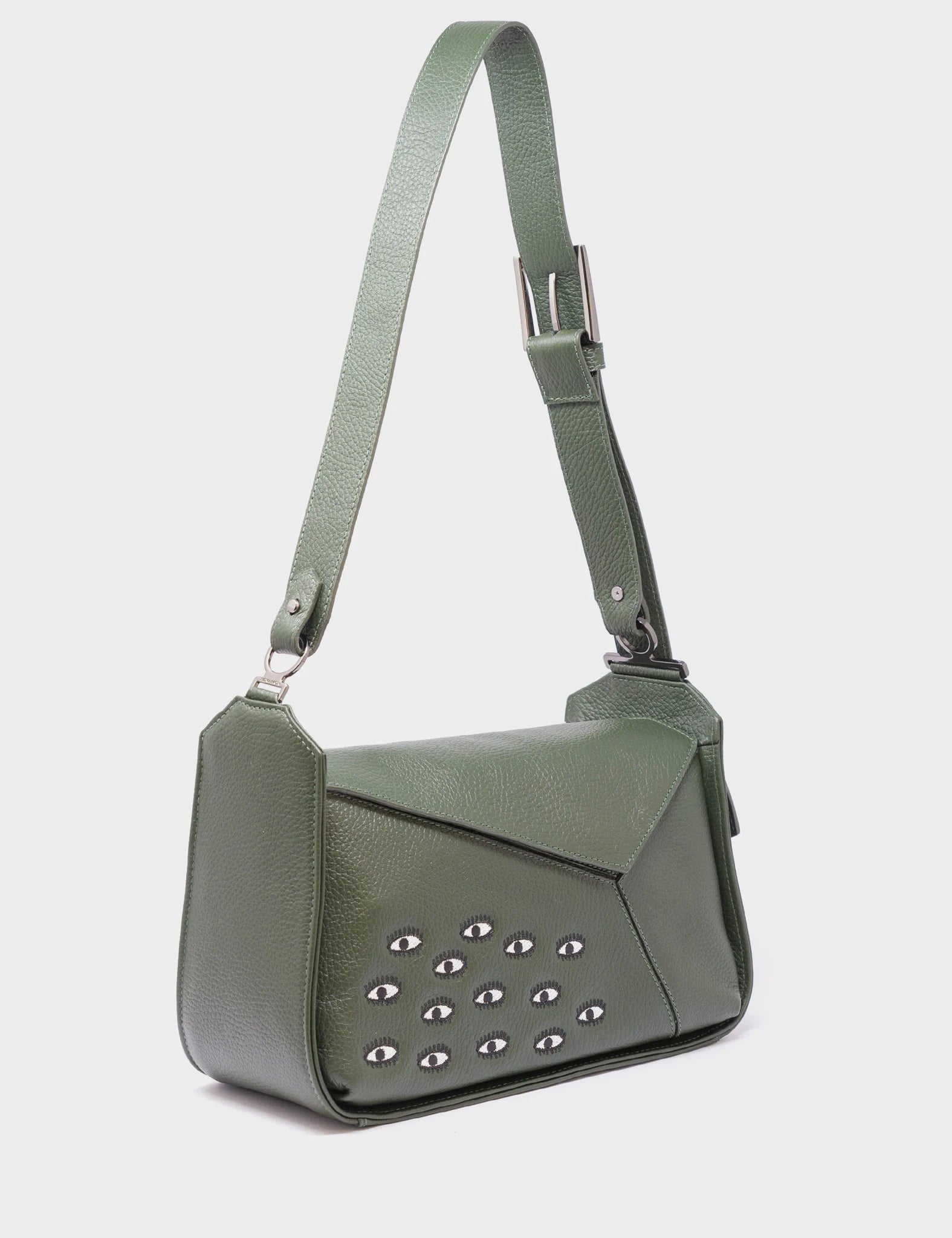 Houston Green Leather Shoulder Bag - All Over Eyes Embroidery