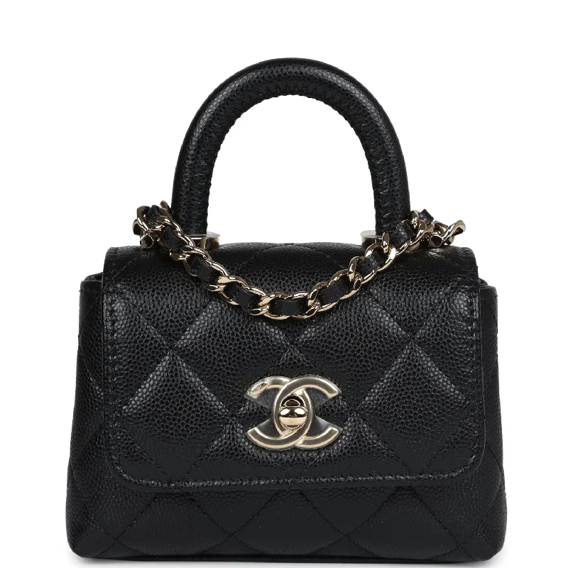 Chanel Nano Coco Top Handle Flap Bag Black Caviar Light Gold Hardware