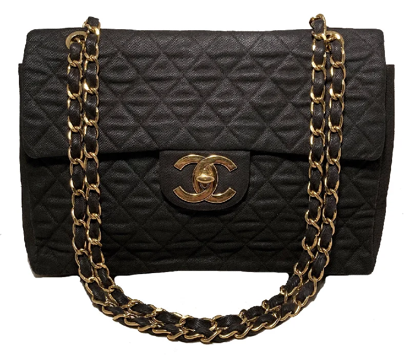 Vintage Chanel Black Denim Maxi Classic Flap Shoulder Bag