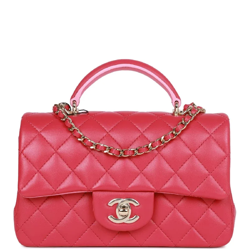 Chanel Mini Rectangular Flap with Top Handle Pink Lambskin Light Gold Hardware