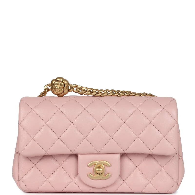 Chanel Mini Camellia Crush Rectangular Flap Rose Clair Lambskin Antique Gold Hardware