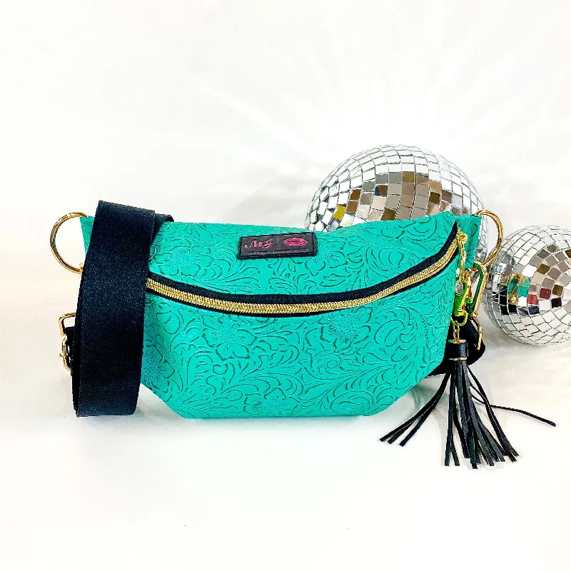 Makeup Junkie | Turquoise Dream Sidekick with Back Zipper in Turquoise Green Tooled Print