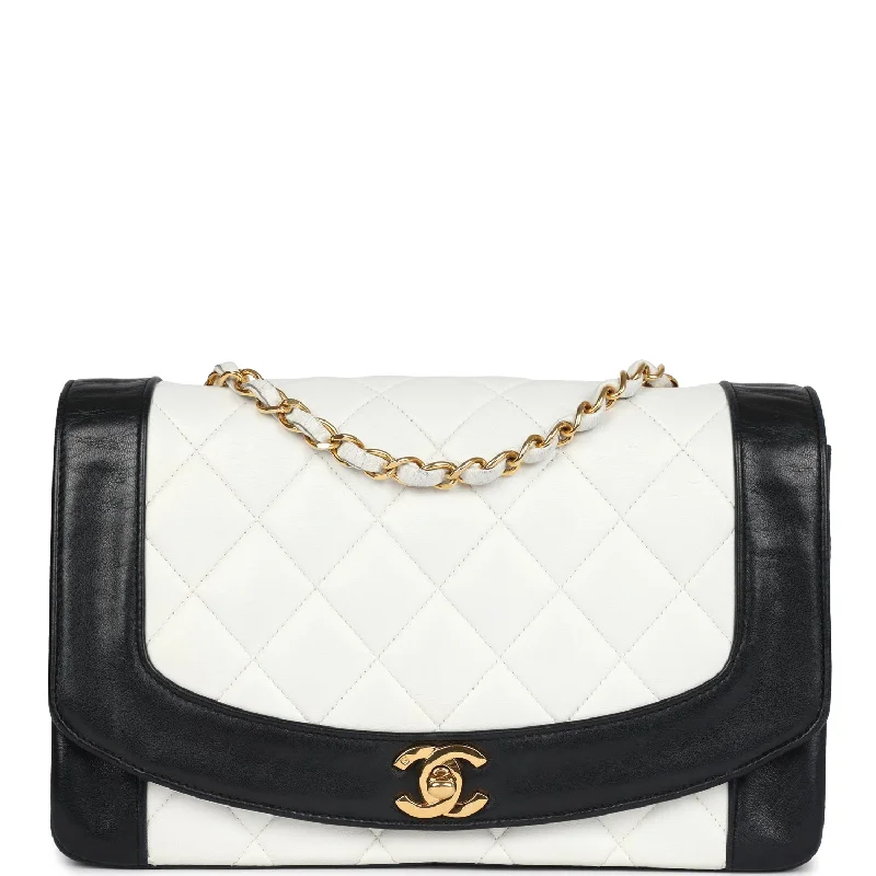 Vintage Chanel Medium Diana Flap Bag White and Black Lambskin Gold Hardware