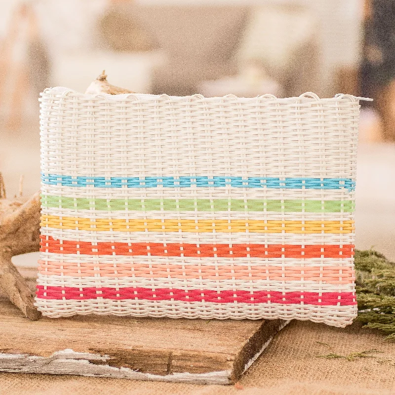 Colorful Striped Hand-Woven Recycled Vinyl Cord Toiletry Bag - Rainbow on White