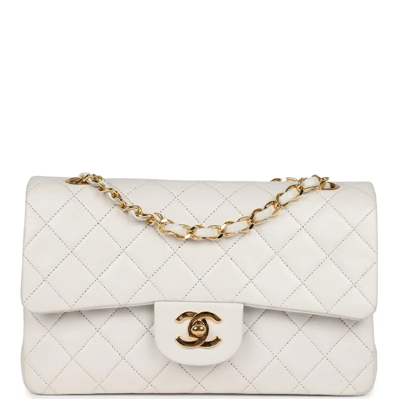 Vintage Chanel Small Classic Double Flap Bag White Lambskin Gold Hardware