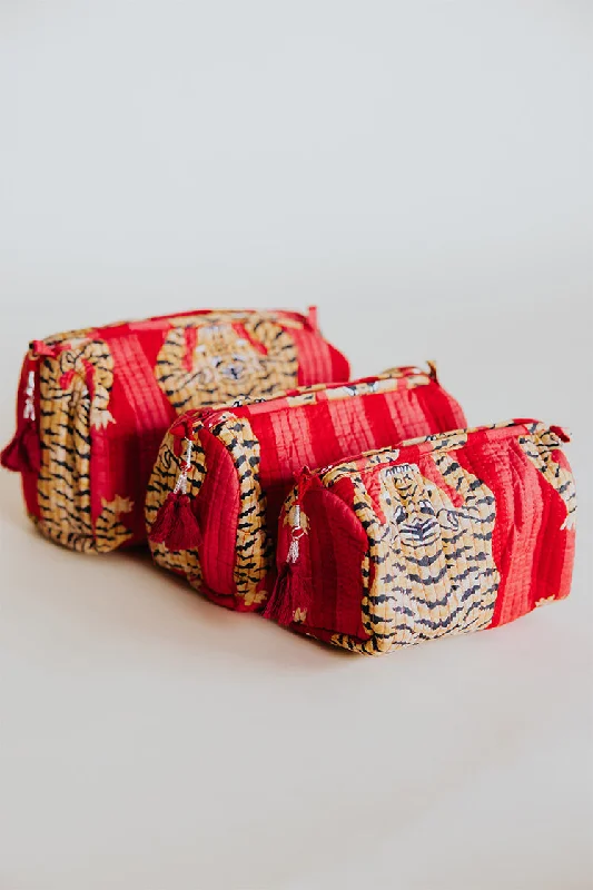 Kantha Toiletry Pouches - Pink + Red Tiger