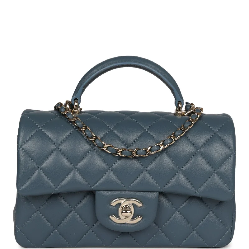 Chanel Mini Rectangular Flap with Top Handle Blue Lambskin Light Gold Hardware