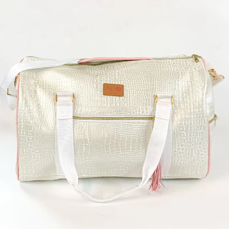 Makeup Junkie | Shade of Pearl Duffel Bag in Pearl White Croc Print