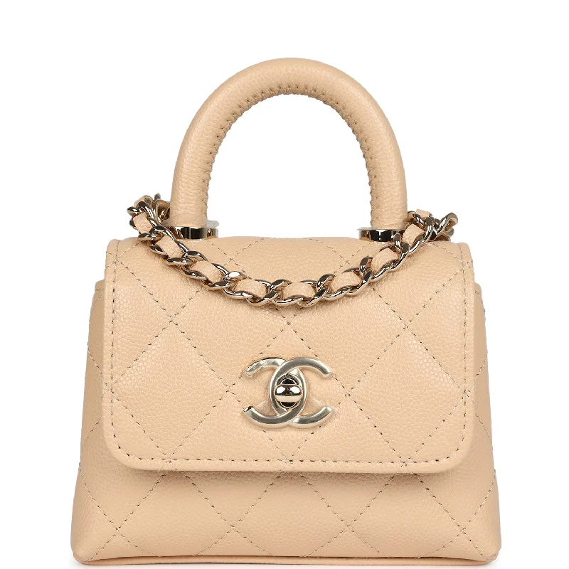 Chanel Nano Coco Top Handle Flap Bag Light Beige Caviar Light Gold Hardware