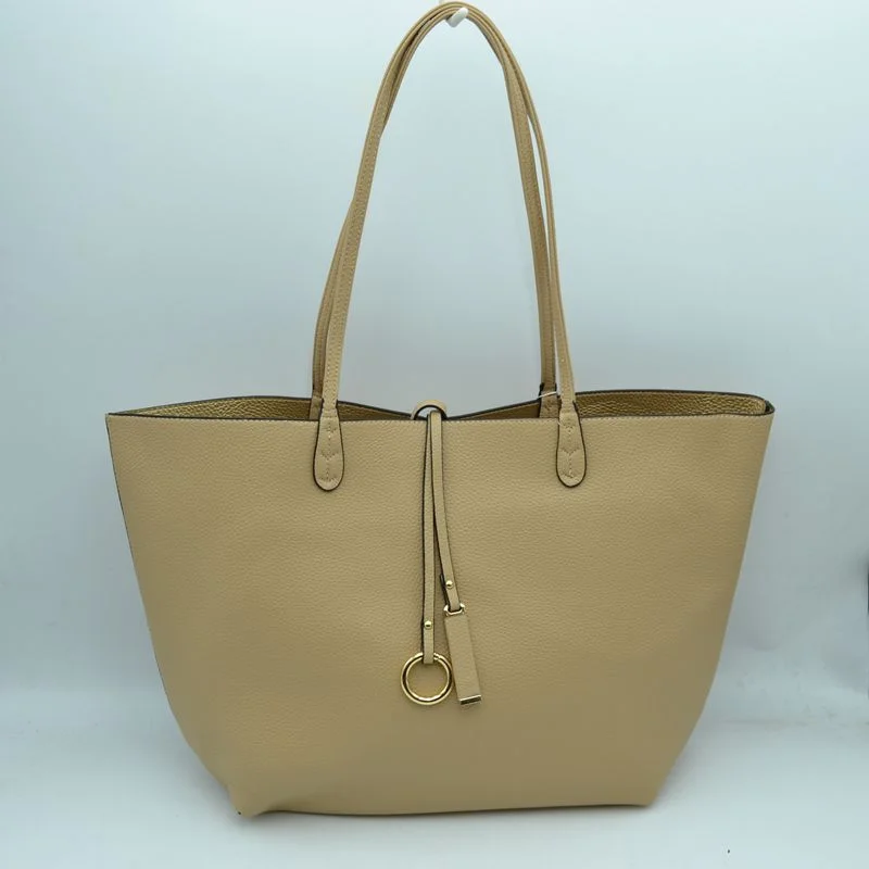 Vegan Leather Reversible 2-in-1 Tote Bag - Beige/Gold