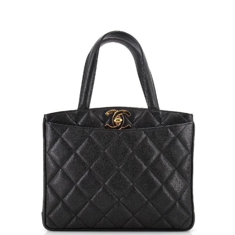 Vintage CC Lock Pocket Tote Quilted Caviar Small