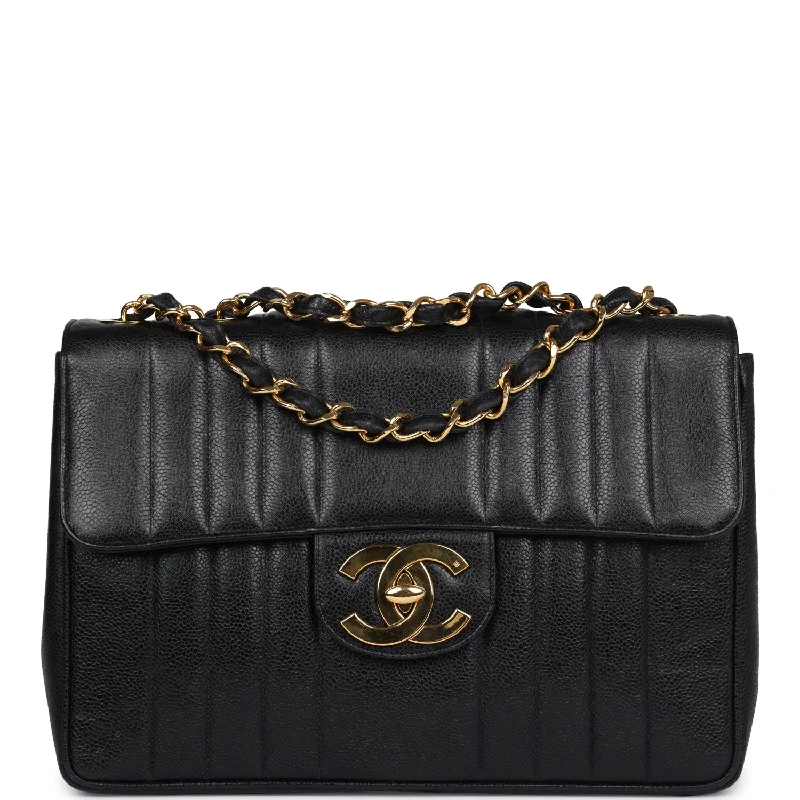 Vintage Chanel XL Jumbo Mademoiselle Vertical Flap Black Caviar Gold Hardware