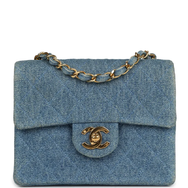 Vintage Chanel Mini Square Flap Bag Blue Denim Gold Hardware