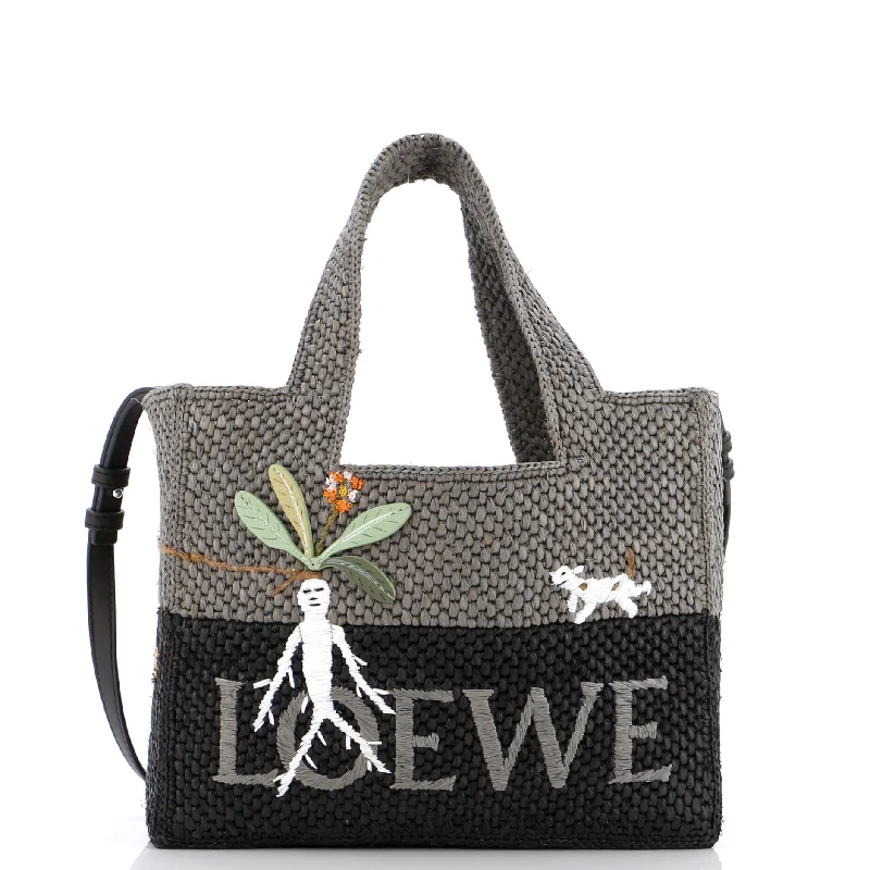 Embroidered Logo Convertible Tote Raffia Small