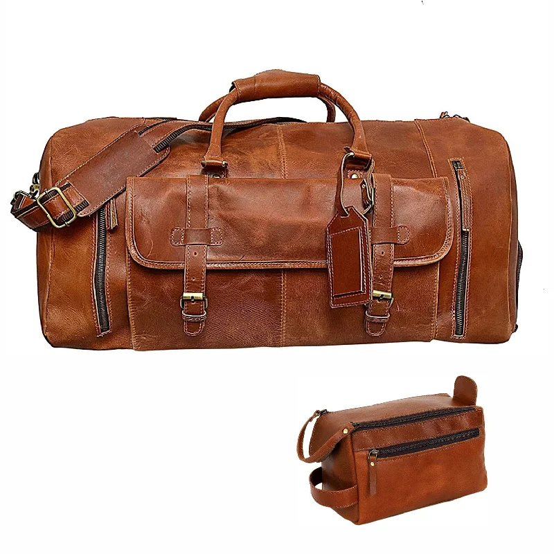 24" Large leather Travel Bag Duffel bag + Leather Toiletry Bag Travel Dopp Kit Made With High Class Buffalo Leather