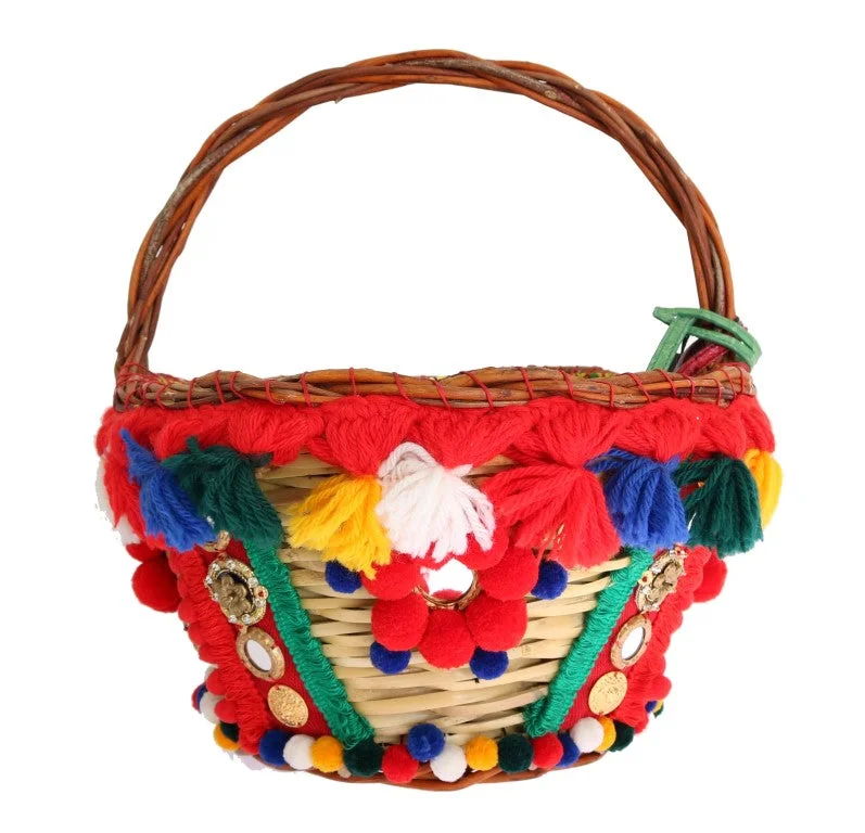 Dolce & Gabbana Elegant  Straw & Exotic Skins Pom Pom Women's Tote