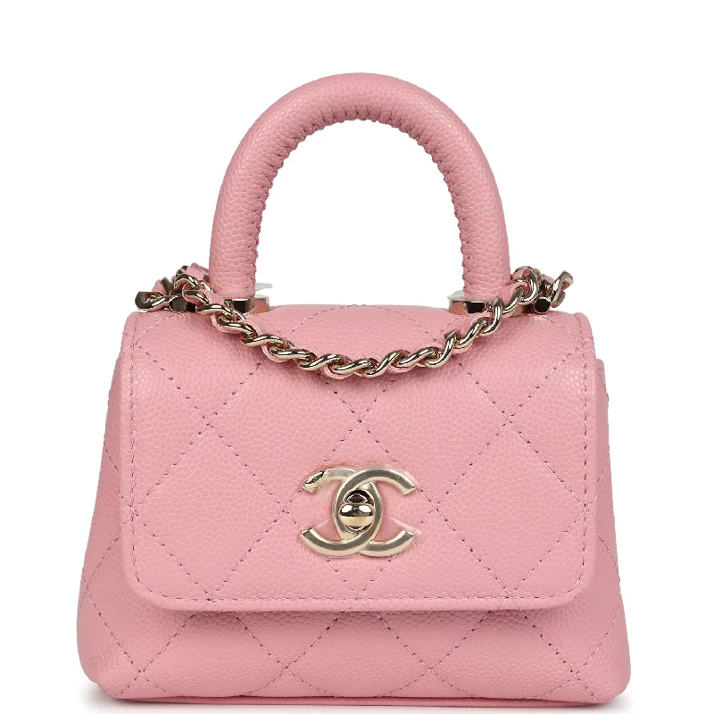 Chanel Nano Coco Top Handle Flap Bag Pink Grained Calfskin Light Gold Hardware