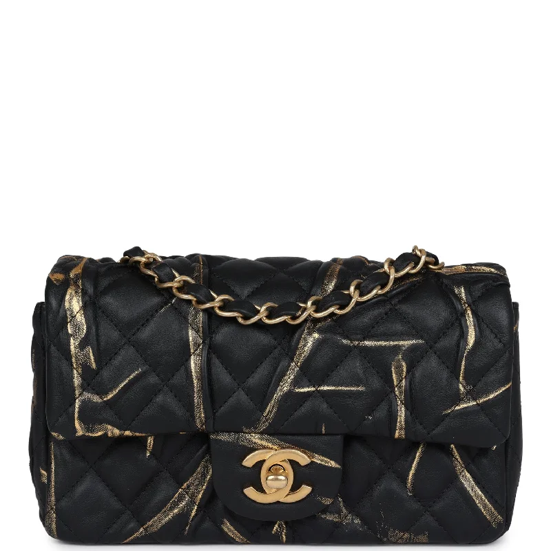 Chanel Mini Rectangular Flap Black and Gold Aged Calfskin Antique Gold Hardware