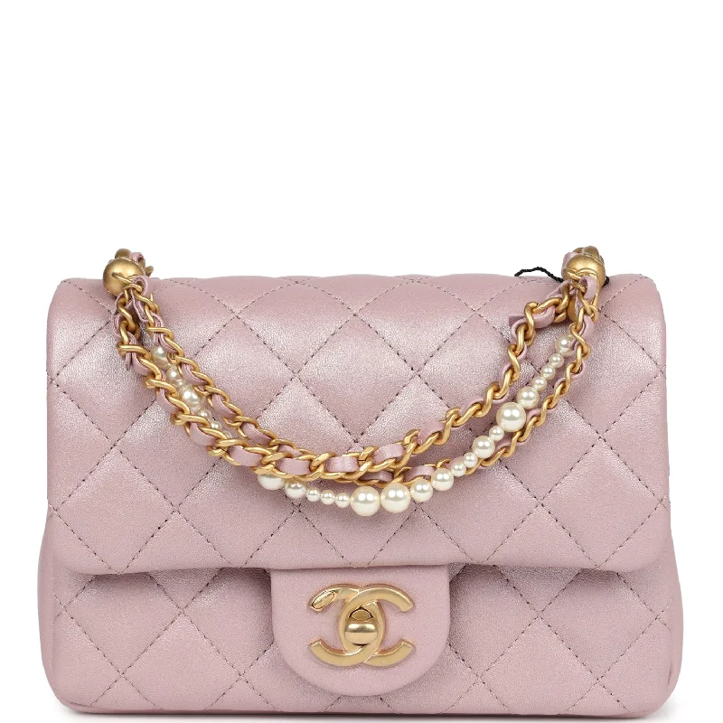 Chanel Mini Square Pearl Flap Bag Light Pink Iridescent Lambskin Brushed Gold Hardware