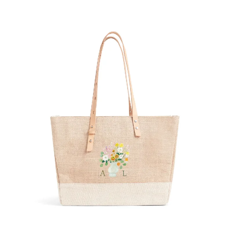 Shoulder Market Bag in Natural Bouquet with White Vase by Amy Logsdon