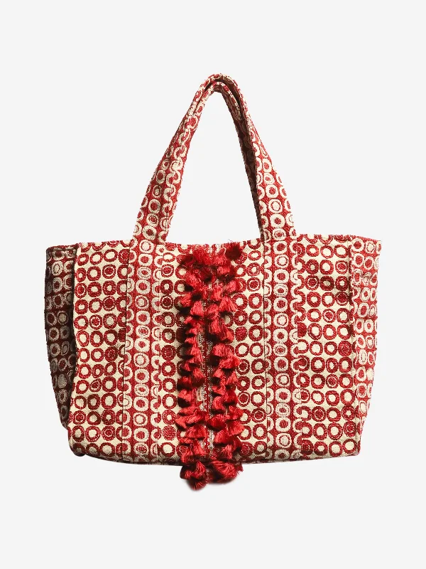 Red and beige jacquard tote bag