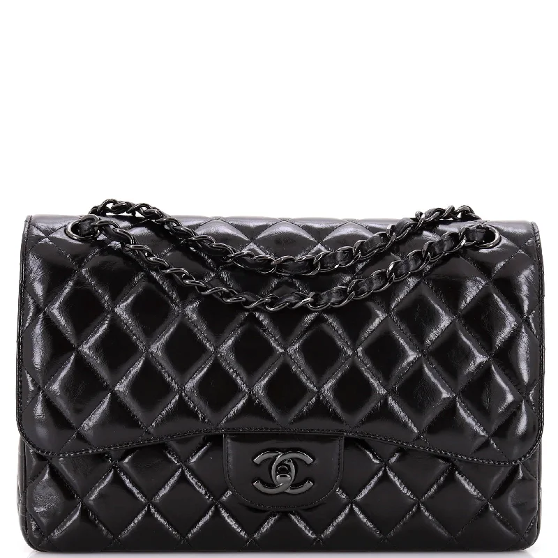 So Black Classic Double Flap Bag Quilted Shiny Crumpled Calfskin Jumbo