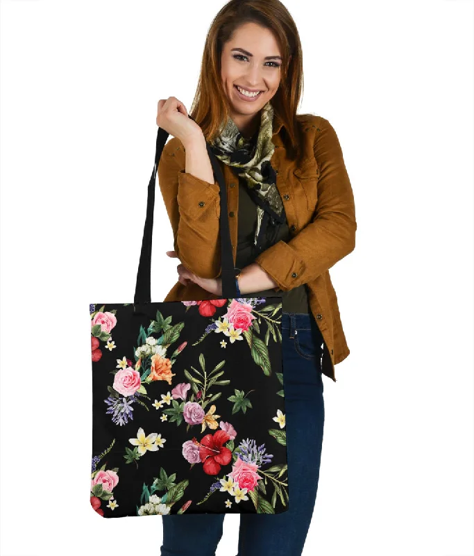 Black Floral Linen Tote Bag