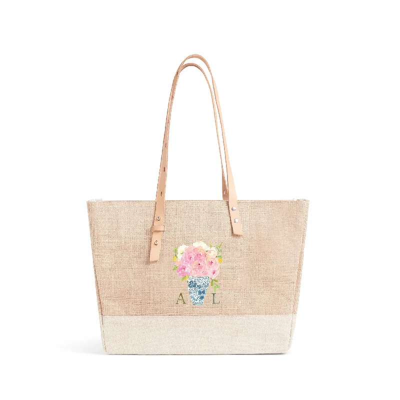 Shoulder Market Bag in Natural Bouquet with Porcelain Vase by Amy Logsdon