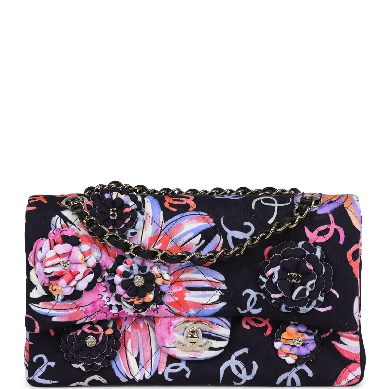 Chanel Small Flap Bag Black Multi Floral Fabric Light Gold Hardware