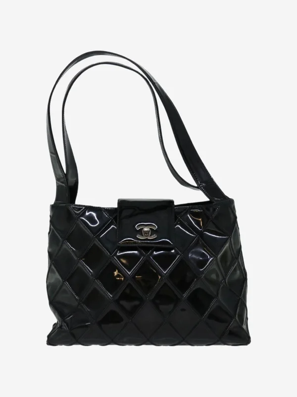 Black vintage 2000 CC patent diamond quilted tote bag